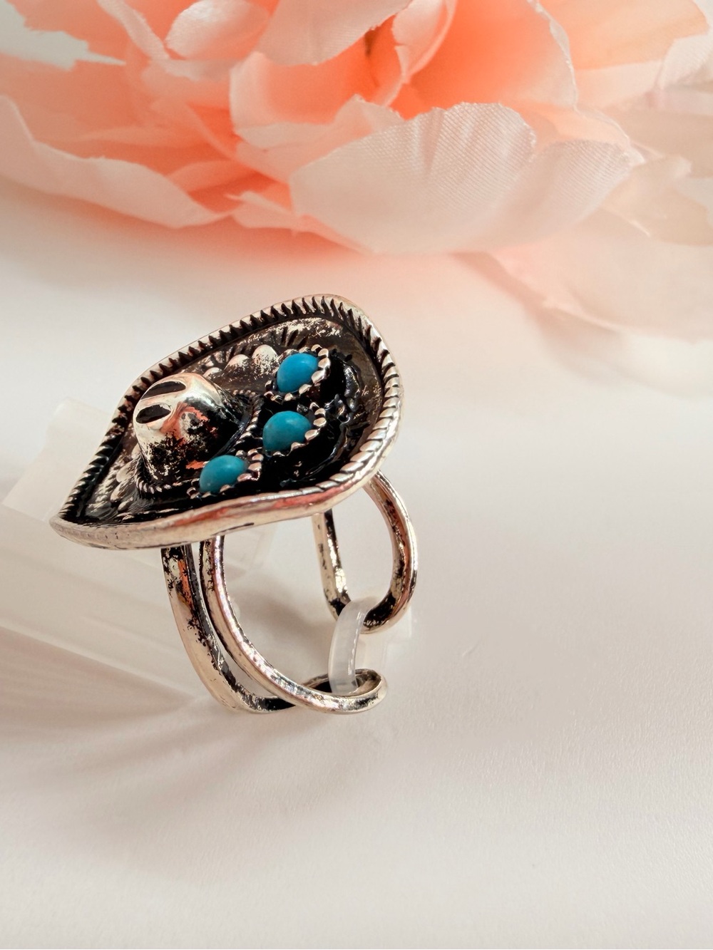 Turquoise Accent Silver Cowboy Hat Ring - Women Jewelry